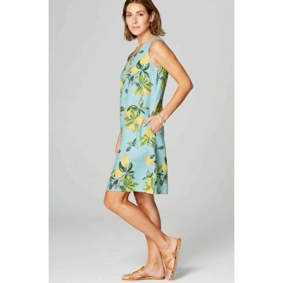 J. Jill LOVE LINEN dress with lemons sleeveless POPOVER SHIFT with pockets Large - Picture 2 of 12